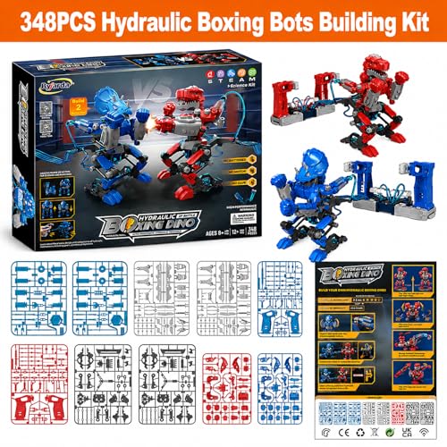 Hydraulic Boxing Bots Building Kit, 2 Dinosaur Robot Battle Toys with Real Hydraulic Power, STEM Building Toy for Boys Ages 8-12, Interactive Fighting Robots Gift