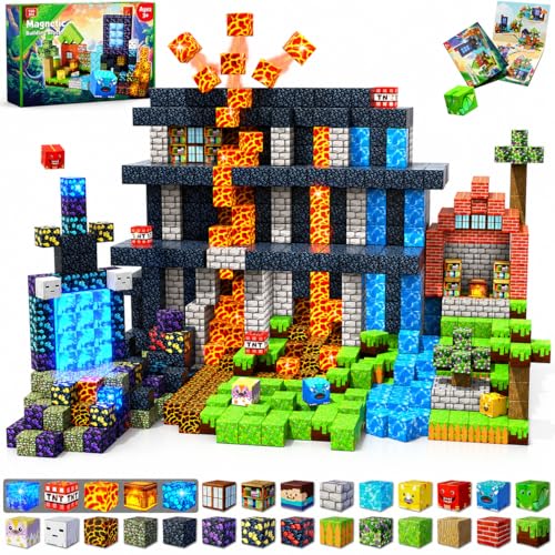 Magnetic Blocks - 150 PCS Dinosaur Volcano Forest Castle Set with Light Up Blocks - Kids Classroom Sensory Toy for Toddlers STEM, Construction Stacking Toy Kids 3+ Boys Easter Basket Stuffers - color: 150pcs Led Glowing Volcano