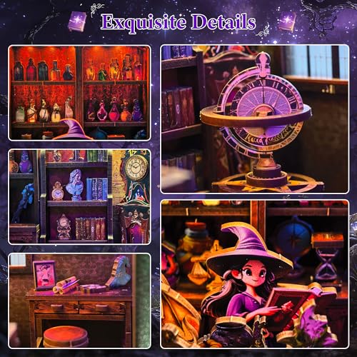 Book Nook Kit – DIY Miniature House Dollhouse for Adults & Teens, 3D Wooden Puzzle Tiny House Bookshelf Insert with LED Lights, Magic Booknook Library Decor Gift for Halloween & Christmas - style: Magic Shop