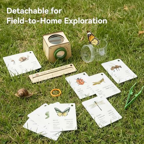 Wooden Bug Catcher for Kids, Tri-View Bug Viewer Kit, Top & Bottom Magnifiers, Insect Observation Container with Tweezers, Ruler & 10 Insect Cards, STEM Outdoor Explorer Toy