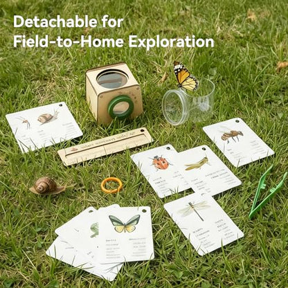 Wooden Bug Catcher for Kids, Tri-View Bug Viewer Kit, Top & Bottom Magnifiers, Insect Observation Container with Tweezers, Ruler & 10 Insect Cards, STEM Outdoor Explorer Toy