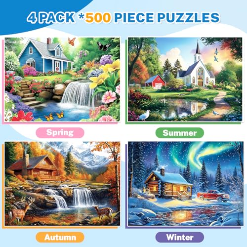 4 Packs 500 Piece Puzzles for Adults – 4 Seasonal Landscape Puzzle Set Scenic House & Nature Jigsaw Puzzle, Colorful Adult Jigsaw Puzzles for Stress Relief, Family Fun, Mindfulness & Gifts - color: Seasonal Landscapes