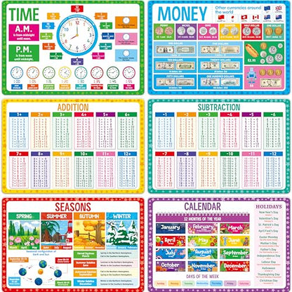 6 Pack Placemats for Kids, Non-Slip Washable Table Mat, Reusable Addition, Subtraction, Time, Calendar, Money & Holiday Placemats for Home, Kindergarten, Classroom, Nursery - style: Time