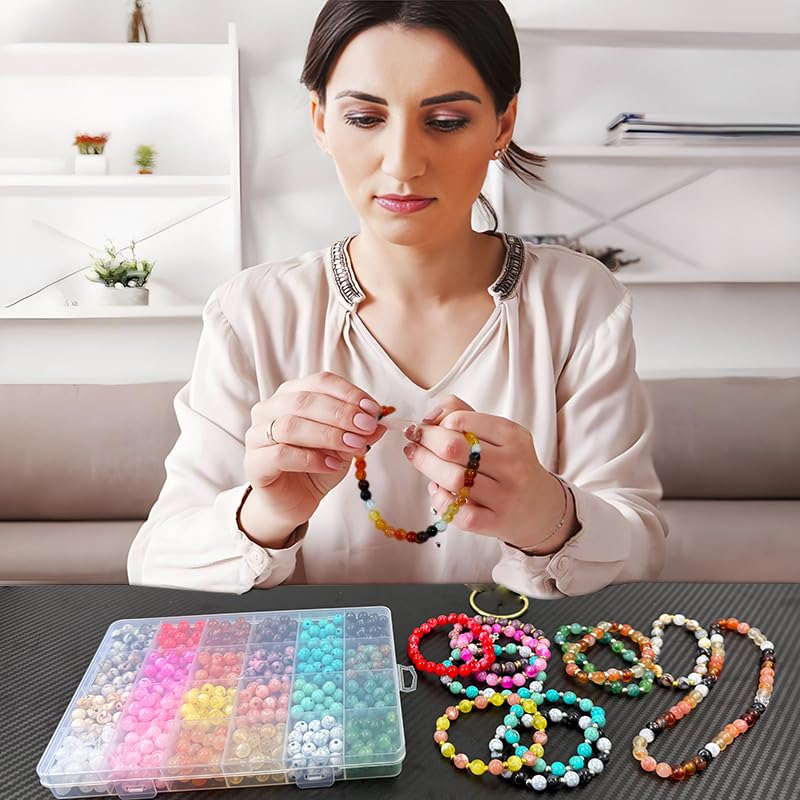 720Pcs 8mm Acrylic Round Beads for Jewelry Making, Bohemian Style Round Bead Faux Turquoise White Crack Bead Plastic Bubble Gum Beads for Bracelets Making Kit DIY Necklace Crafts - color: Crack 8mm