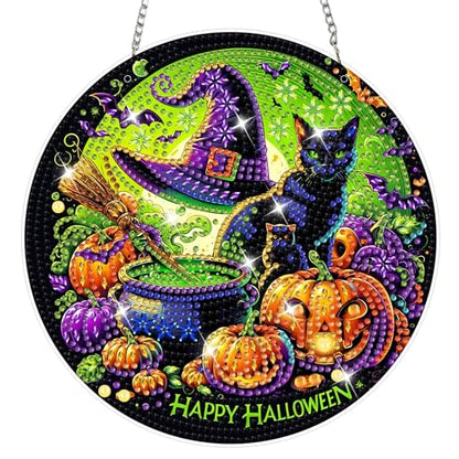 NAIMOER Halloween Diamond Art Hanging Kits for Adults, Black Cat 5D Special Shaped Rhinestone, DIY Acrylic Diamond Art Painting Window Pendants Home Garden Wall Hanging Ornament Kits, Double Sided - color: Halloween Black Cat