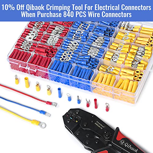 Qibaok 840PCS Electrical Wire Connectors, Insulated Wire Crimp Terminals, Mixed Butt Ring Fork Spade Bullet Quick Disconnect Assortment Kit
