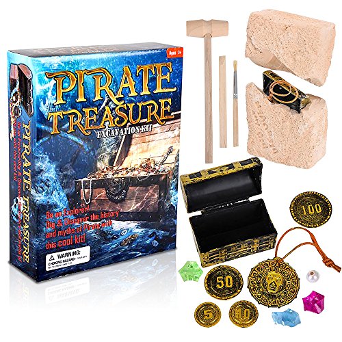 ArtCreativity Pirate Treasure Dig Kit for Kids - Gem Excavation Set with Digging Tools - Interactive Excavating Toys - Great Birthday Gift Idea, Contest Prize for Boys and Girls