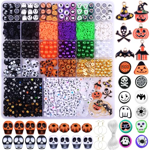 BBita 2088pcs Halloween Polymer Clay Beads Bracelet Making kit, 24 Style Cute Fun Beads Skull Pumpkin Beads Charms for Jewelry Necklace Earring Making DIY Accessories for Women Girls - color: A3#Halloween
