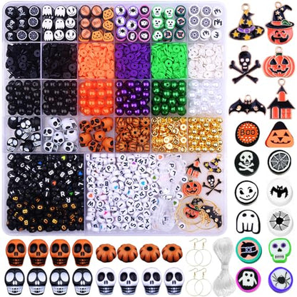 BBita 2088pcs Halloween Polymer Clay Beads Bracelet Making kit, 24 Style Cute Fun Beads Skull Pumpkin Beads Charms for Jewelry Necklace Earring Making DIY Accessories for Women Girls - color: A3#Halloween