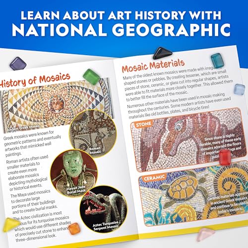 National Geographic Mosaic Arts and Crafts Kit for Kids - Mosaic Kit for Creating 3 Glass Tile Mosaic Art Projects, Includes Glass Tiles, Templates, Plaster & More, Art Supplies, Mosaic Kits for Kids - style: Mosaic Craft Kit