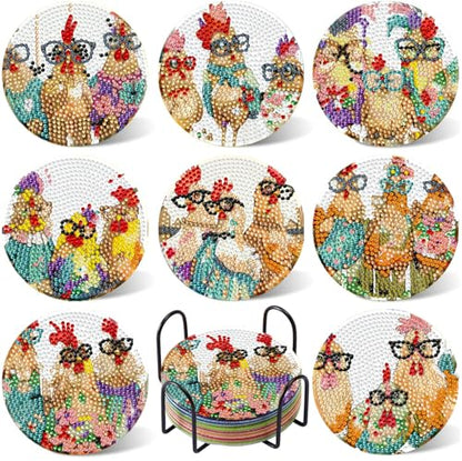 Leatrice 8 Pcs Diamond Art Coasters Small Diamond Painting Kits for Adults - color: AA Chicken