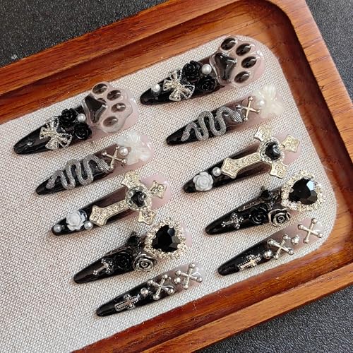 CTRLZTEAM Y2K Gothic Stiletto Press on Nails Pink and Black Grunge 3D Nails - color: Black Dusty Pink, size: M