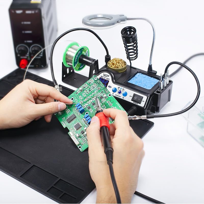 WEP 927-IV Soldering Station Kit High-Power 110W with 3 Preset Channels, Sleep Mode, LED Magnifier, 5 Extra Iron Tips, Tip Cleaner, 2 Helping Hands, Tip Storage Slots, Lead-free Solder Wire, Tweezers
