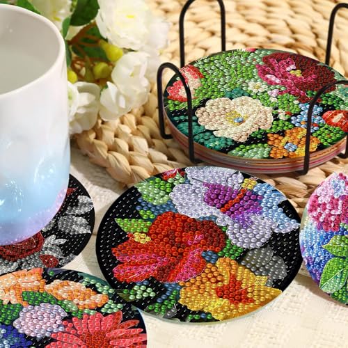Xylogist 8 Pcs Flowers Diamond Art Coasters with Holder 4X4 inch - color: Flowers Coasters