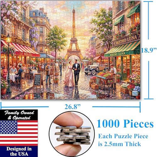 Think2Master Parisian Dream 1000 Pieces Large Format Jigsaw Puzzle: 13+, Teens, Adults & Families. Romantic European Getaway. French Cafe with Eiffel Tower at Sunset. Great Gift. Size: 26.8” X 18.9” - style: Parisian Dream