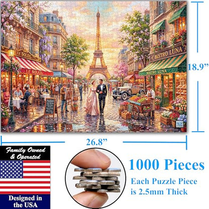 Think2Master Parisian Dream 1000 Pieces Large Format Jigsaw Puzzle: 13+, Teens, Adults & Families. Romantic European Getaway. French Cafe with Eiffel Tower at Sunset. Great Gift. Size: 26.8” X 18.9” - style: Parisian Dream