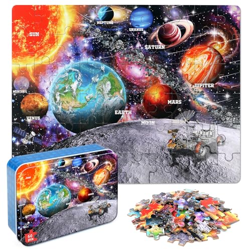 Puzzles for Kids Ages 4-6, 60 Piece Puzzles for Kids Ages 3-5 in Metal Box - color: Space