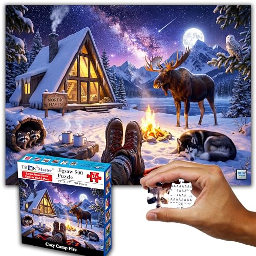 Think2Master Cozy Camp Fire 500 Pieces Large Format Jigsaw Puzzle: 13+, Teens, Adults & Families. Funny, Whimsical, Magical Serene Winter Landscape with Campfire. Great Gift. Size: 26.8” X 18.9” - style: Cozy Camp Fire