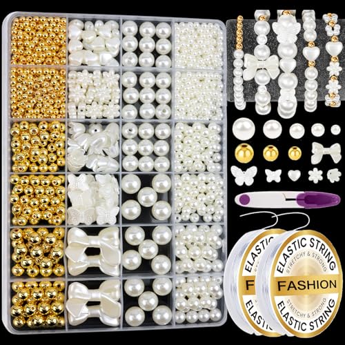 1206 Pcs Bracelet Making Kit Gold Pearl Beads for Bracelets for Adult - color: 11-Gold & Off-White