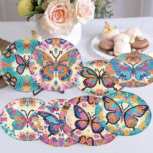 8 Pcs Diamond Art Coaster Kit for Adult with Holder, Diamond Coasters 4x4in - color: Butterfly Coasters, size: 8 Pcs 4x4in
