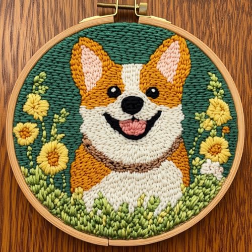 DIY Punch Needle Kits Cute Cartoon Corgi Dog with Hoop 20x20cm-3 - color: 06-Corgi Dog