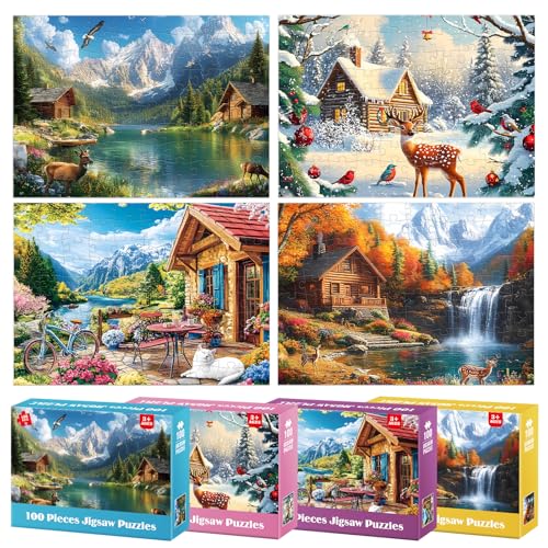 4-Pack 100 Piece Puzzles for Adults Seniors, Four Seasons Mountain Scenes - color: Four Seasons Scenery