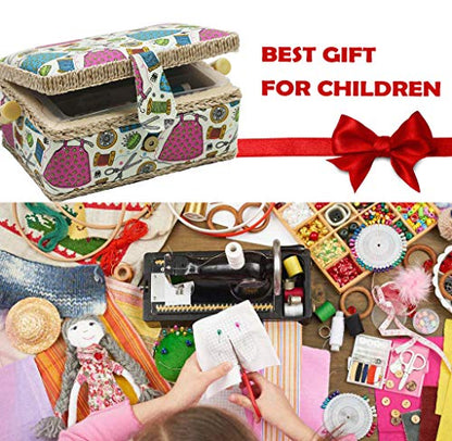 Samll Sewing Basket Organizer with Mini Sewing Kit Accessories for Kids/Girls/Beginners Christmas Birthday Gift