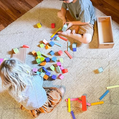 Quiggly Montessori Wooden Rainbow Building Blocks - 68 Pc STEM Toy Set