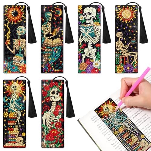 6 PCS Diamond Art Kits Bookmarks Diamond Painting Kit Book Mark, Handmade DIY Skeleton Diamond Art Skull Gem Art Acrylic Tassel Bookmarks for Women Adults, Craft Kits Gift Set for Book Lovers - style: Skeleton