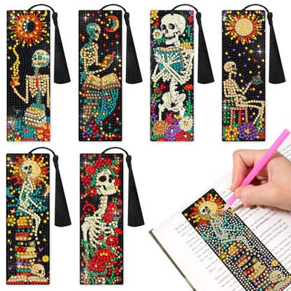 6 PCS Diamond Art Kits Bookmarks Diamond Painting Kit Book Mark, Handmade DIY Skeleton Diamond Art Skull Gem Art Acrylic Tassel Bookmarks for Women Adults, Craft Kits Gift Set for Book Lovers - style: Skeleton