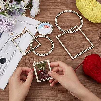 BENECREAT 6Pcs Weaving Loom Kit, Wooden Mini DIY Weaving Loom Rectangle and Round Weaving Looms for Hanging Decor Woven Tapestry Knitted Crafts Making