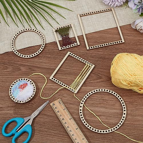 BENECREAT 6Pcs Weaving Loom Kit, Wooden Mini DIY Weaving Loom Rectangle and Round Weaving Looms for Hanging Decor Woven Tapestry Knitted Crafts Making