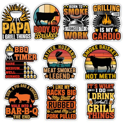 MAIANEY (10Pcs, 3in) BBQ Grilling Sticker Pack for Pitmaster & Smoker Fans, Funny Barbecue Vinyl Decals for Coolers Laptops Water Bottles, Outdoor Grill Lover Stickers Set - color: Bbq