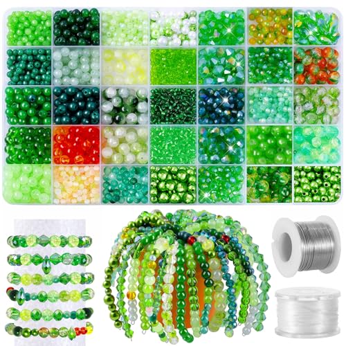 2102 Pcs Green Glass Beads with Elastic String,6mm Round Beads - color: Green D(No Pot & Foam)