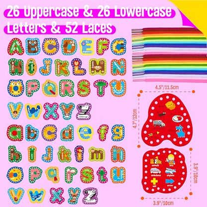 52 PCS Lacing Cards, 26 Double-Sided Uppercase & Lowercase Sewing Cards with 52 Colorful Laces, Imagination Development Lacing Toy Games Educational and Learning Activity for Preschoolers, Children - color: 52 Uppercase & Lowercase Letters