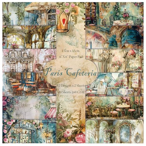24 Sheets 6"x6" Scrapbook Paper Single-Sided Pattern Decorative Paper - color: 24 sheets-Paris Cafeteria