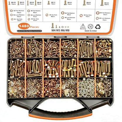 1480pcs Metric Nuts and Bolts Assortment Kit, M4 M5 M6 M8 Bolt Assortment, Grade 8.8 Alloy Steel with Yellow Zinc Plated, Length from 12-30mm - size: 1480PCS Metric (M4, M5, M6, M8)