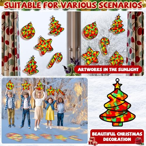 QOUBAI 32 Sets Christmas Theme Suncatchers Craft Kit DIY Window Stained Glass Effect Christmas Theme Paper Crafts Home School Classroom Decoration Kid Birthday Gift Creative Art Project Activity Game - style: Christmas