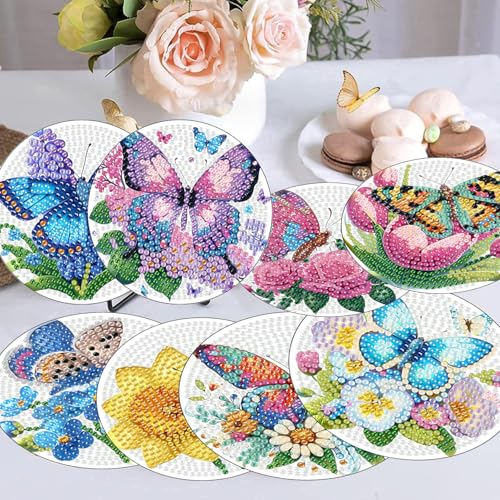 8 Pcs Diamond Art Coasters Kits, Butterfly Diamond Painting Coasters Kits - color: Butterfly