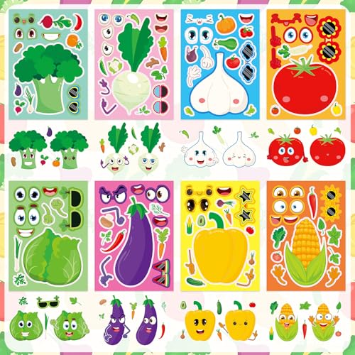 24 Sheets Vegetables Make a Face Sticker, Make Your Own Vegetables Stickers Mix and Match Sticker for Home School Classroom Crafts Activities Reward Birthday Party Favors - style: Vegetables