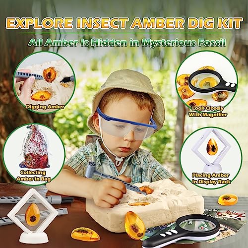 Gemstone Dig Kit for Kids 6-8 8-12, Amber Digging Kits for Boys, Gifts for 6 7 8 9 Year Old Boys Girls