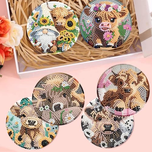 Diamond Art Coasters Kit,8 Pcs Highland Cow Diamond Painting Coasters Kit - color: Baby Cow