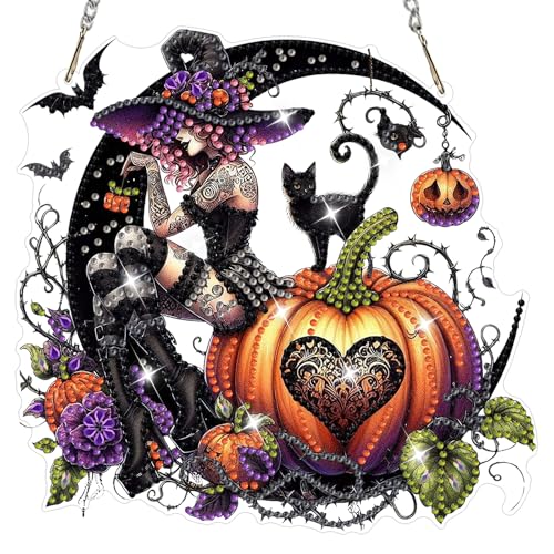 NAIMOER Halloween Diamond Art Hanging Kits for Adults, Witch 5D Special Shaped Rhinestone, DIY Acrylic Diamond Art Painting Window Pendants Home Garden Wall Hanging Ornament Kits, Double Sided - color: Halloween Witch