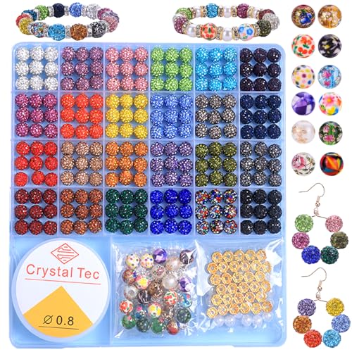 AIPRIDY Jewelry Making Beads Set, 590 PCS 10mm Round Mixed Color Rhinestone Clay Beads with Pearl and Floral Beads for DIY Bracelets, Necklaces(Fixed Mixed) - color: Fixed mixed