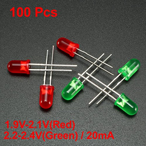 uxcell 100pcs 2 Colors x 50pcs 5mm Red Green LED Diode Lights Colored Lens Diffused Round 20mA Lighting Bulb Lamp Electronic Components Light Emitting Diodes