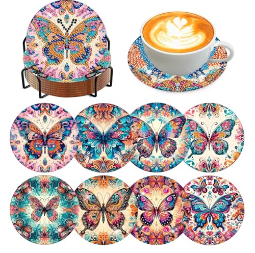 8 Pcs Diamond Art Coaster Kit for Adult with Holder, Diamond Coasters 4x4in - color: Butterfly Coasters, size: 8 Pcs 4x4in