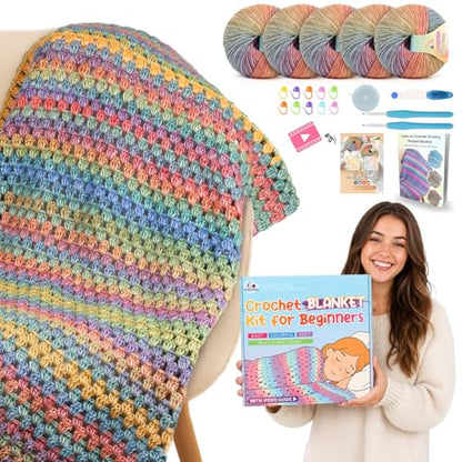 Aeelike Crochet Blanket Kit for Beginner, Easy Blanket Crochet Kit, Rainbow - color: Gift Box-Rainbow Gradient