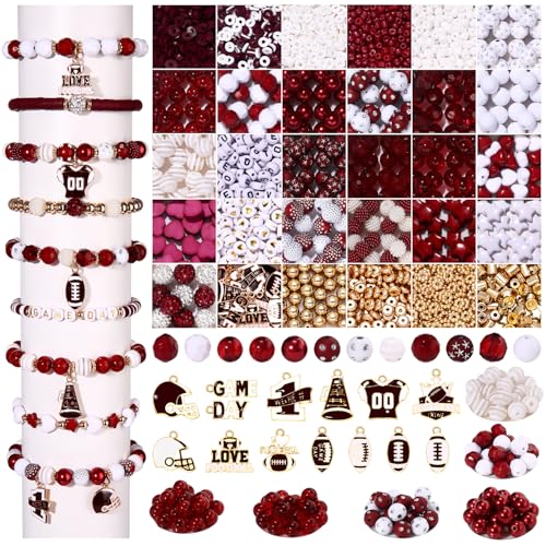 2200PCS+ Game Day Beads Charms for Bracelet Making Polymer Clay Beads Crystal Pearl Letter Gold Spacer Beads Football Charms for Game Day Bracelet Necklace Making DIY Crafts - color: Burgundy White