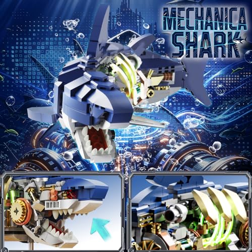 Mechanical Shark Building Set with Light for Boys 8-14, Compatible with Lego Shark, 687PCS Ocean Animals with Display Stand & Movable Joints, Sea Fish Toys Gifts for Home/Office Decor for Adults Kids