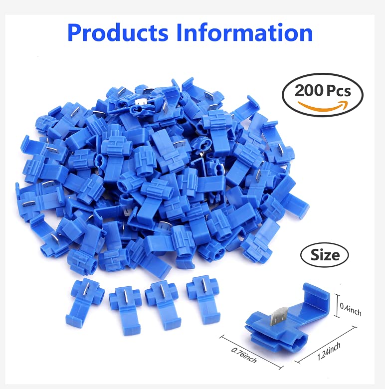 200pcs Solderless Quick Splice Snap Wire Connectors, 18-14 AWG Splice Connector (Cable Joiner), Blue Cold Pressed Insulated Electric Wire Crimp Connectors - color: Blue-200pcs